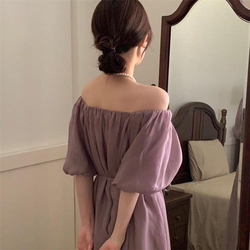 Solid Color Bubble Sleeve One-Shoulder Strap Pleated Dress