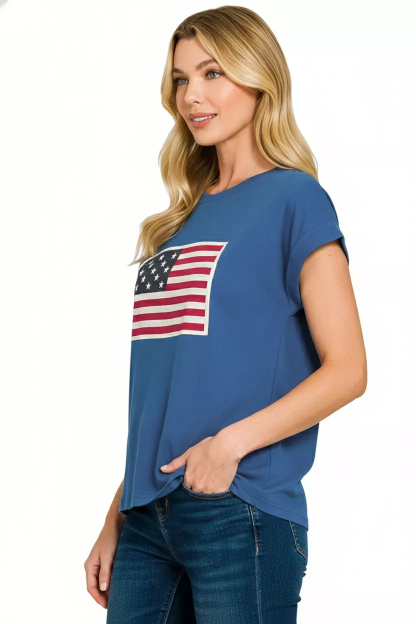 Full Size US Flag Round Neck Short Sleeve T-Shirt Plus Size