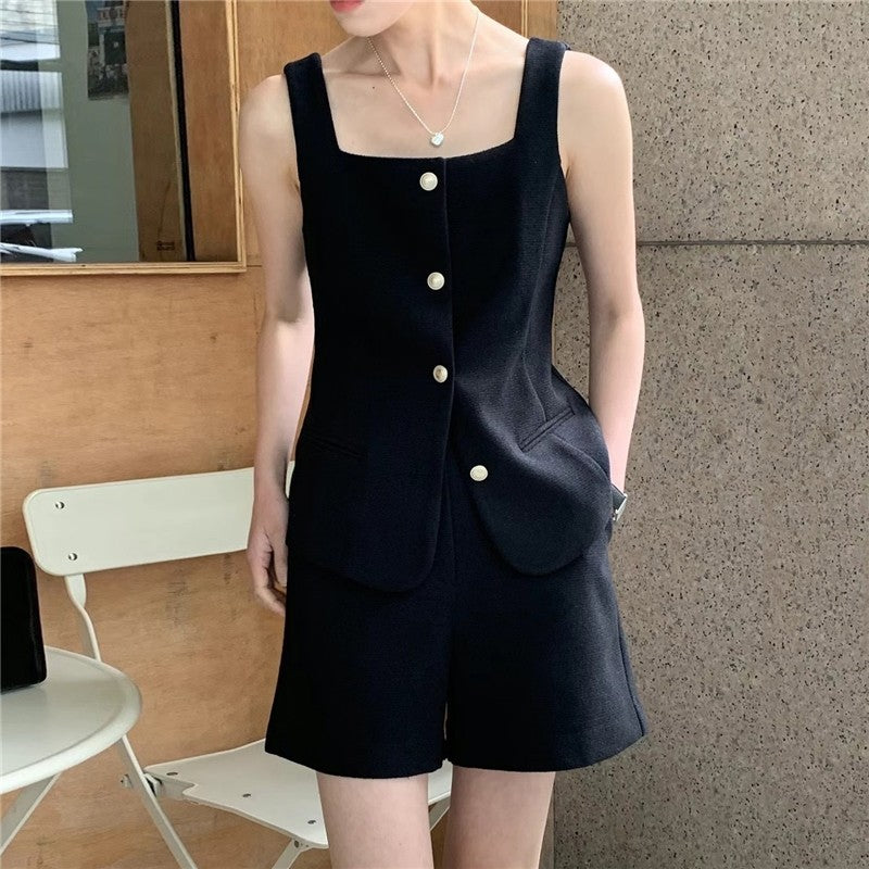 Solid Color V-Neck Vest and Shorts Set