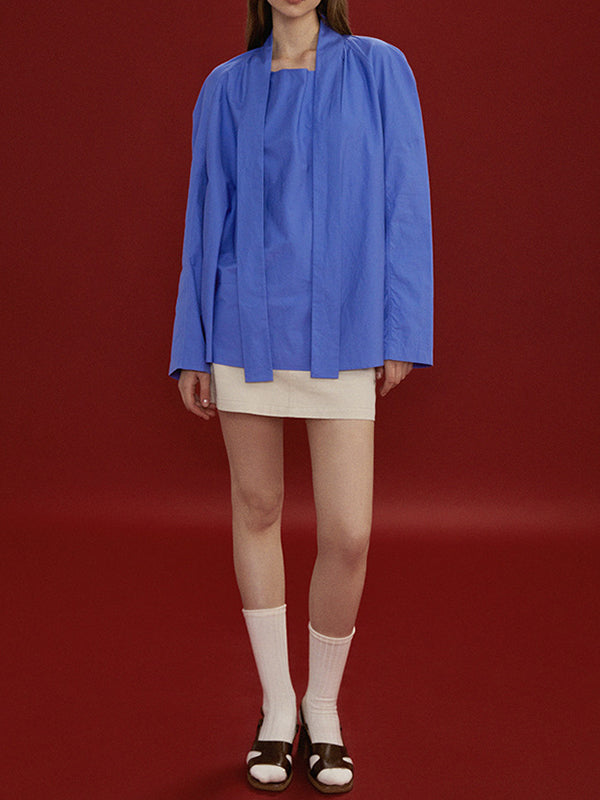 Long Sleeves Loose Solid Color Split-Joint Streamer High Neck Blouses