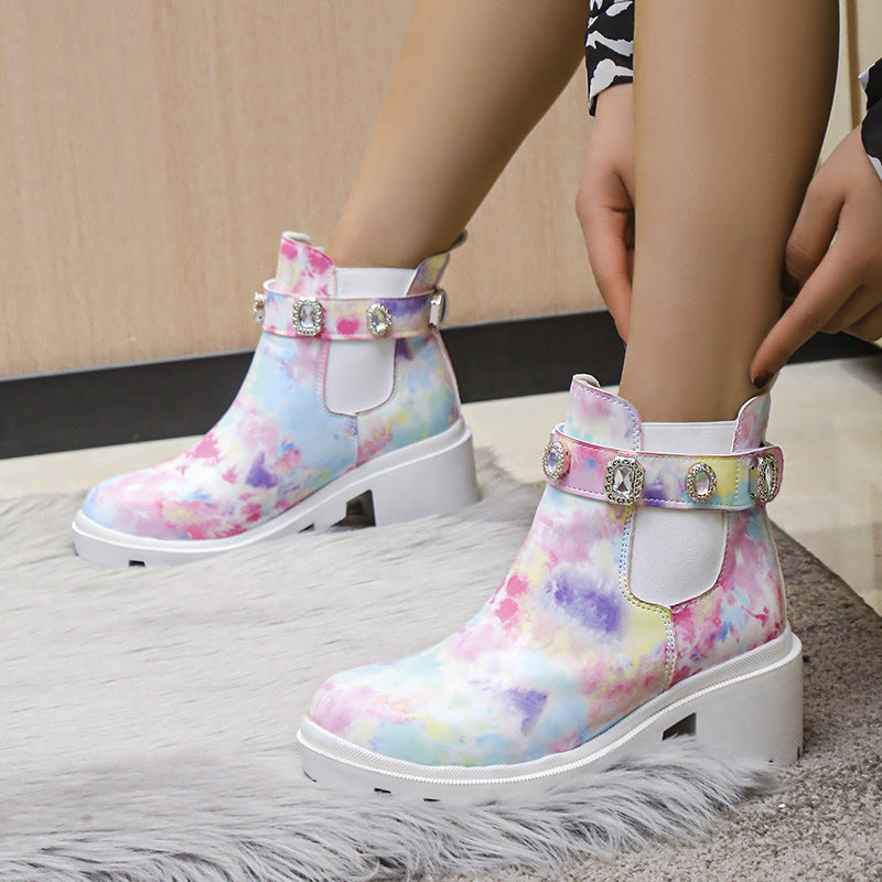 Women's Rhinestone Chunky Heel Ankle Boots - Mid Heel Fashion Boots