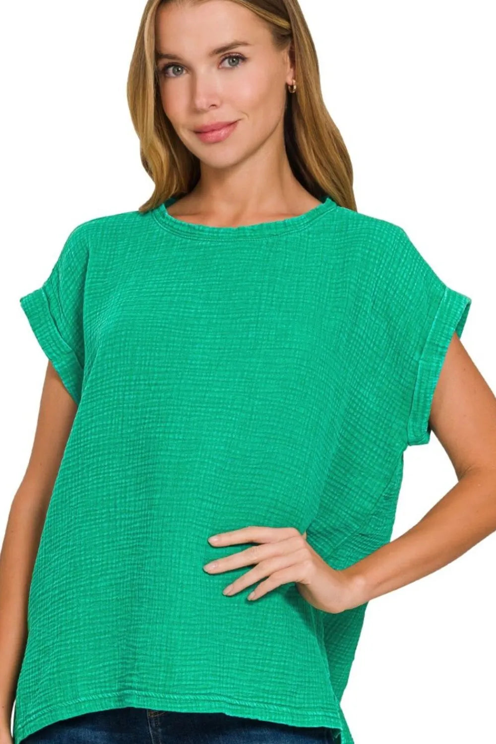 Woven Double Gauze Acid Washed Short Sleeve Top