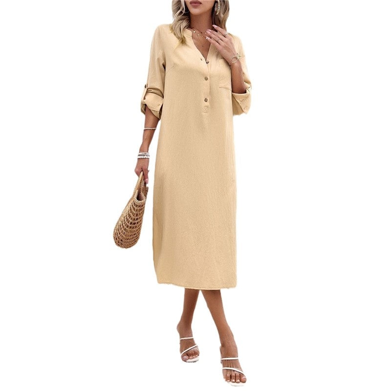 Casual Loose Fit V-Neck Solid Color Long Sleeve Midi Dress