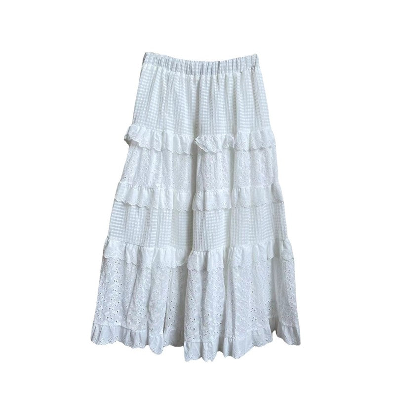 A-Line Lace Patchwork Skirt with Elastic Waist in Solid Color
