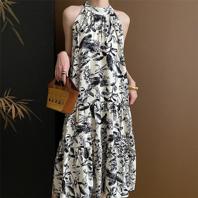 Watercolor Floral Sleeveless Halter Dress