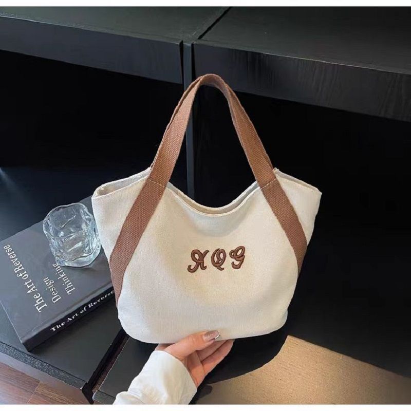 Women's Canvas Tote Bag with Letter Print - Fashionable Dumpling Bag