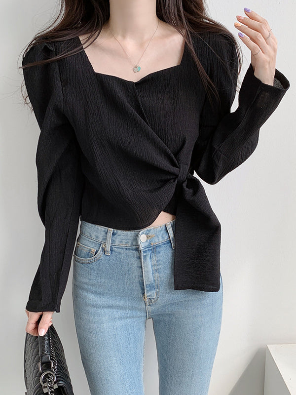 Original Solid Color Square-Neck Long Sleeves Tied Blouse
