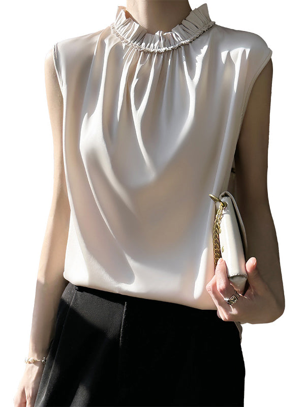 Loose Sleeveless Pleated Ruffle Trim Solid Color Stand Collar Vest Top