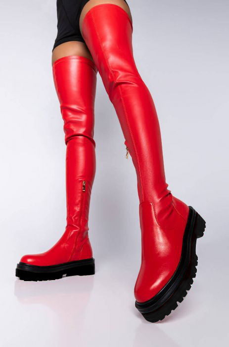 Women's Over-the-Knee Plush Boots | Side Zipper, Round Toe, Mid Heel – Red & Black