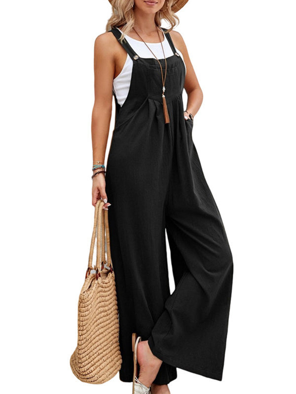 Loose Plus Size Pleated Split-Joint Spaghetti-Neck Overalls