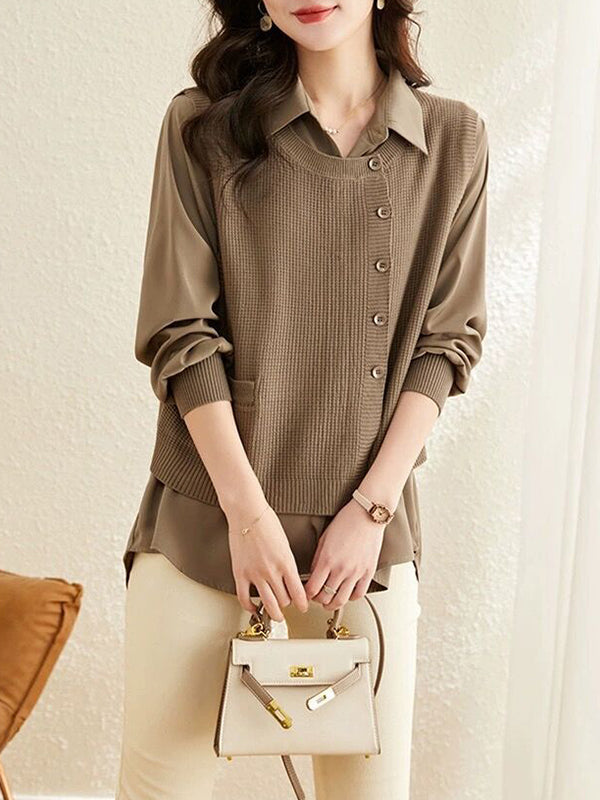 Long Sleeves Loose Solid Color Lapel  Inner Shirt + Buttoned Pockets Outer Knit Vest Two Pieces Set