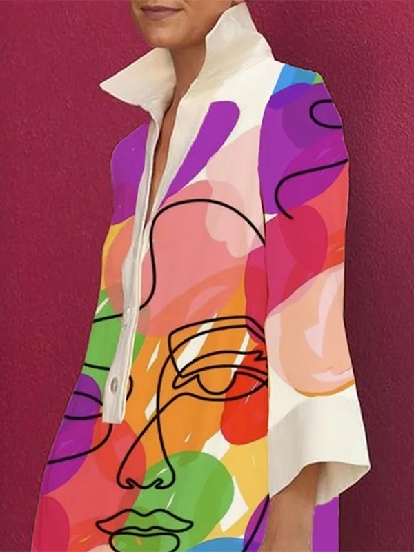 Loose Fit Mini Dress with Three-Quarter Sleeves, Buttoned Contrast Color Detail, Figure Print, and Lapel Coll