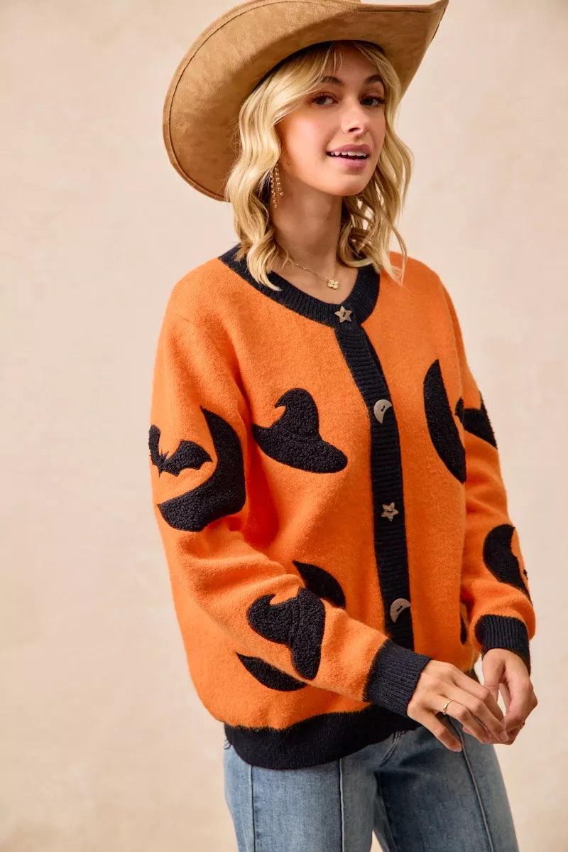 Halloween Witch Hat Moon Bat Artwork Cardigan