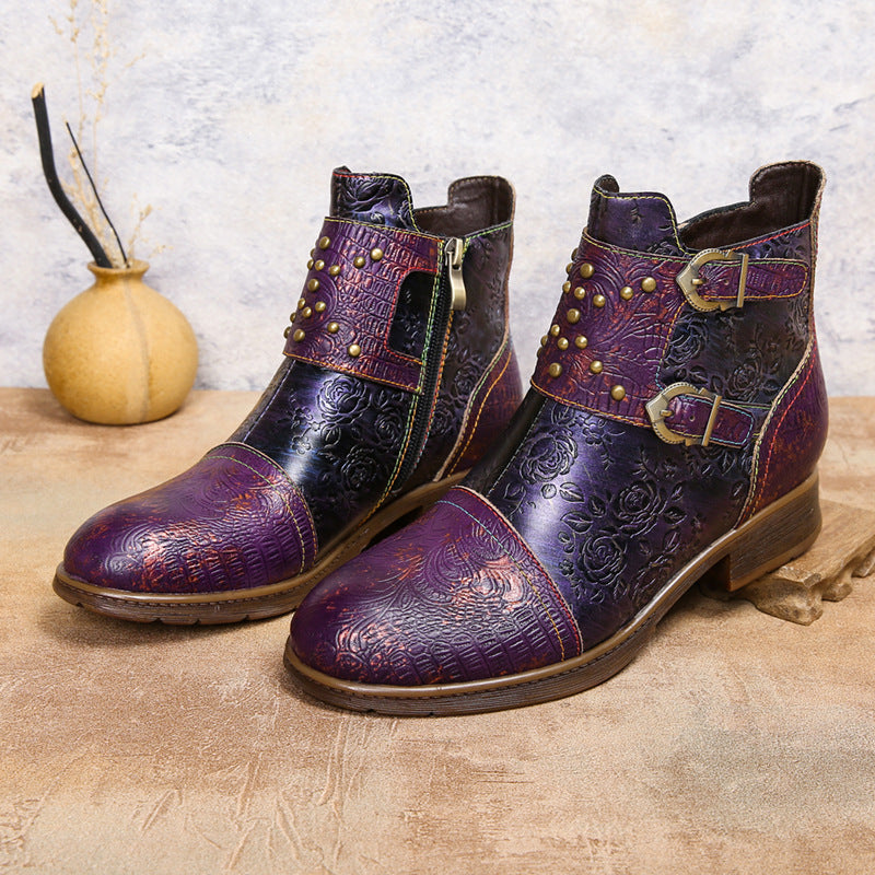 Women's Ethnic Rivet Buckle Boots - Cowhide Leather Fashion Ankle Boots with Side Zipper