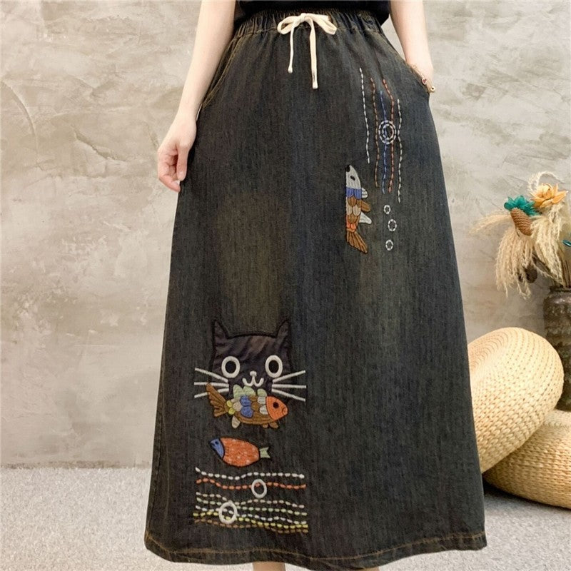 Embroidered Floral High-Waisted Denim Skirt