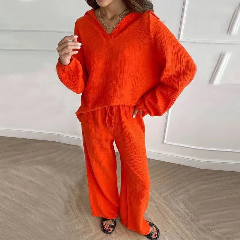 Solid Color Long Sleeve Lapel Blouse and Pants Set