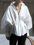 Loose Fit Pleated Lapel Collar Blouse with Long Sleeves in Solid Color