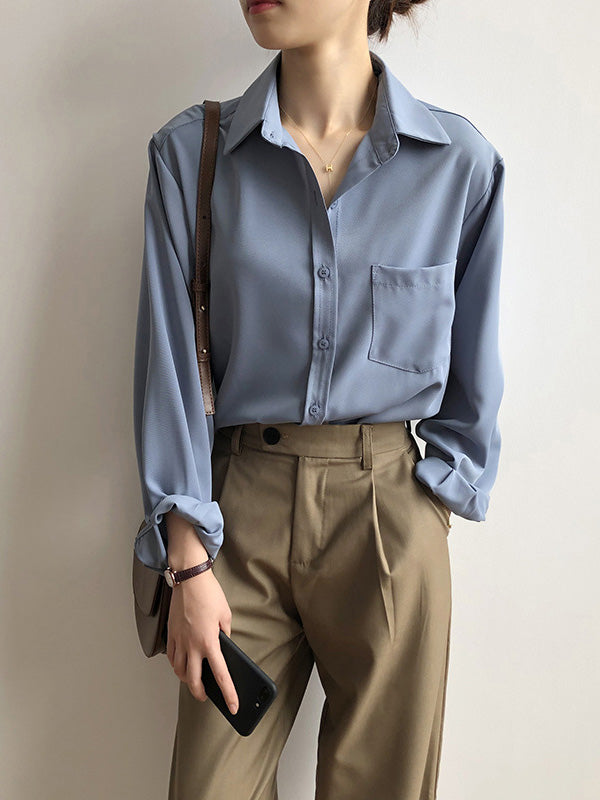 Urban Solid Color Lapel Long Sleeves Blouse
