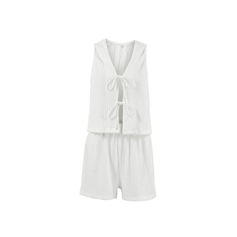 Monochrome Sleeveless Cardigan with Shorts - Pajama Set