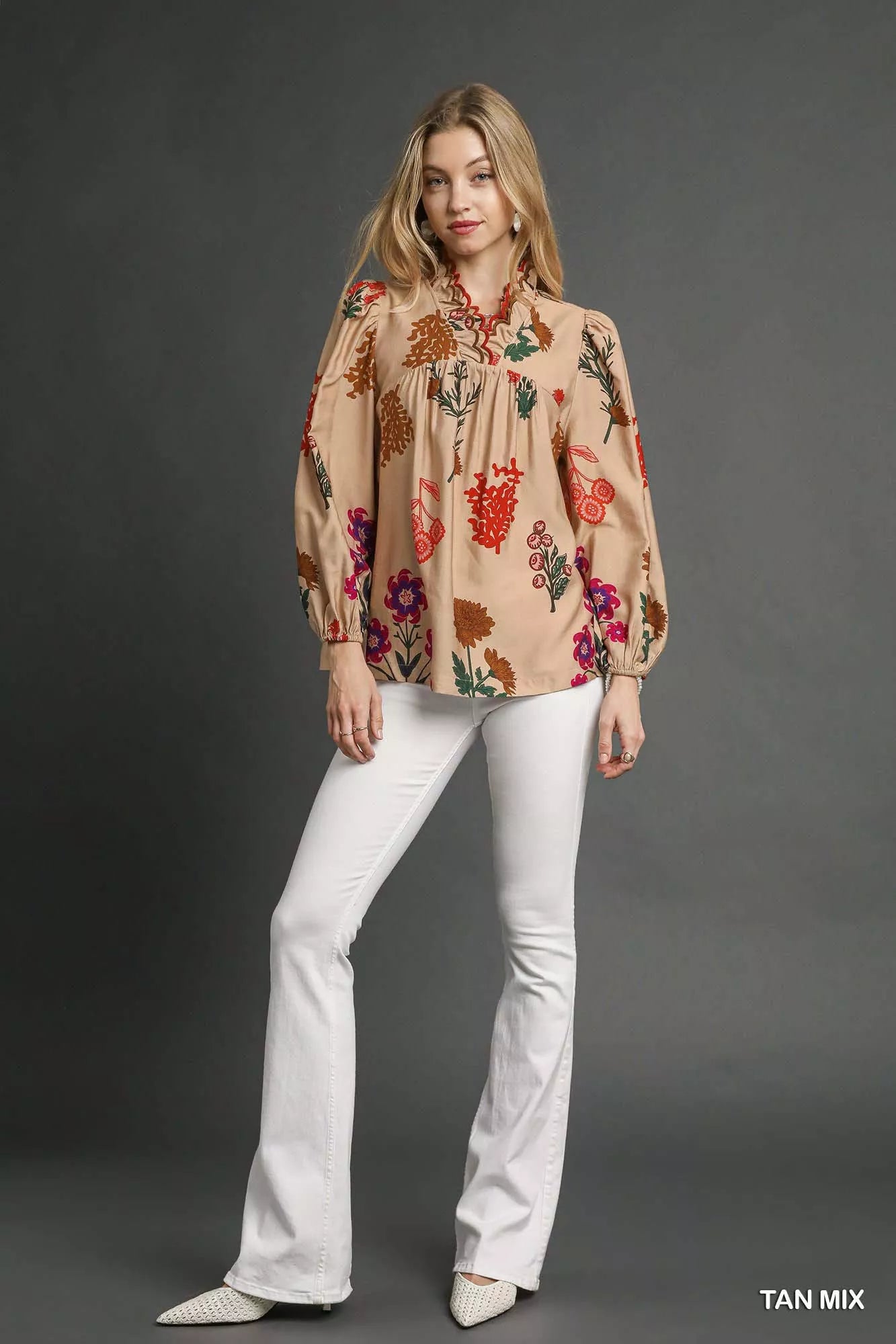 Flower Print Blouse with Scalloped Neckline