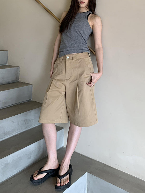 High Waisted Loose Pleated Solid Color Half Pants Shorts Bottoms