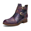 Women's Ethnic Rivet Buckle Boots - Cowhide Leather Fashion Ankle Boots with Side Zipper