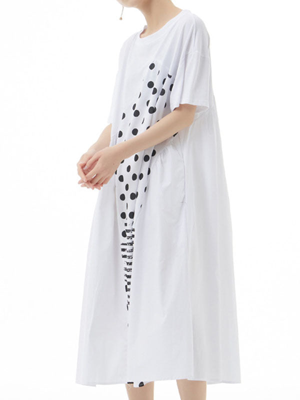 Loose Polka-Dot Split-Joint Striped Round-Neck Midi Dresses