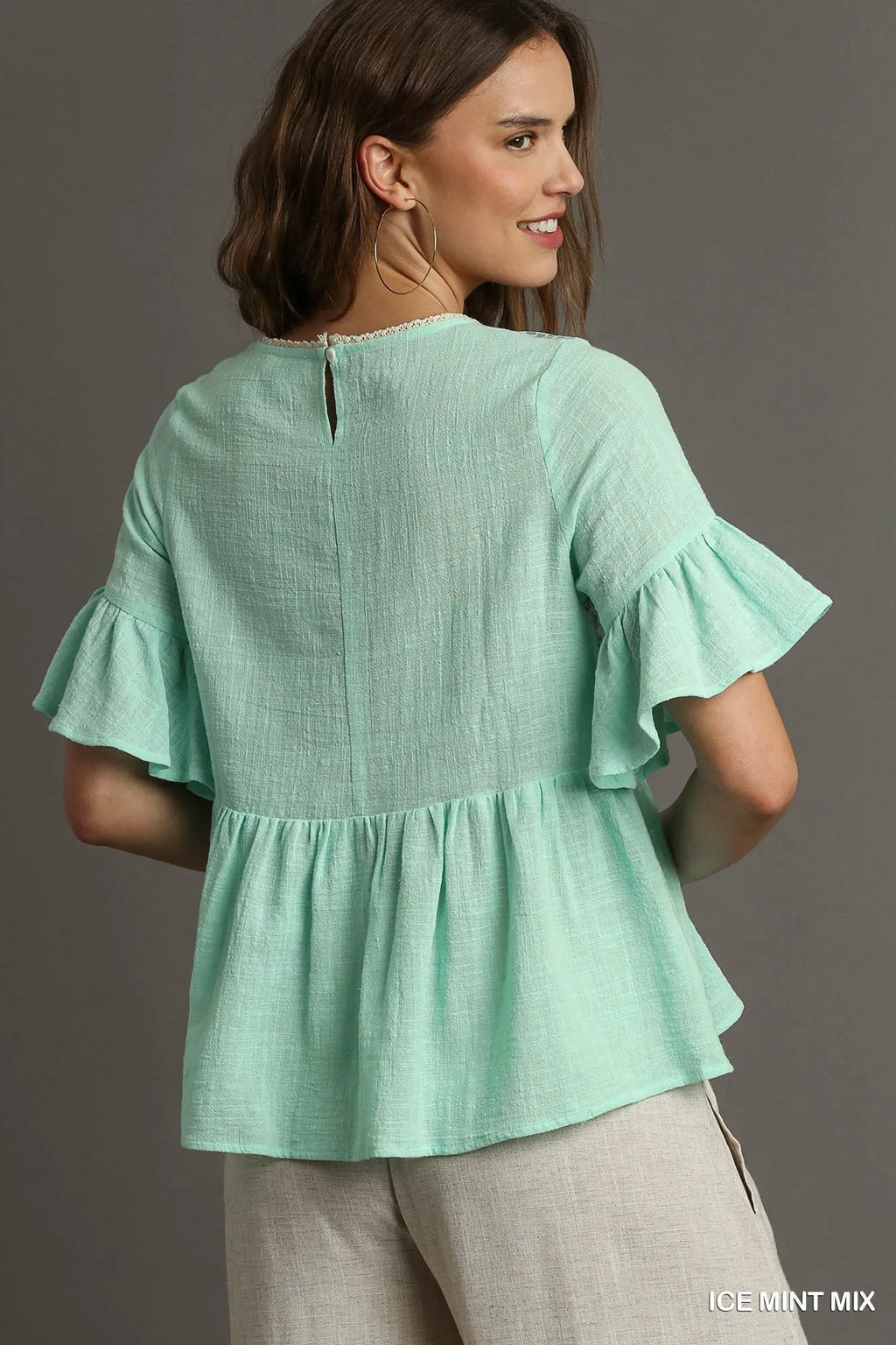Floral Lace Trimmed Detail Half Sleeve Babydoll Top