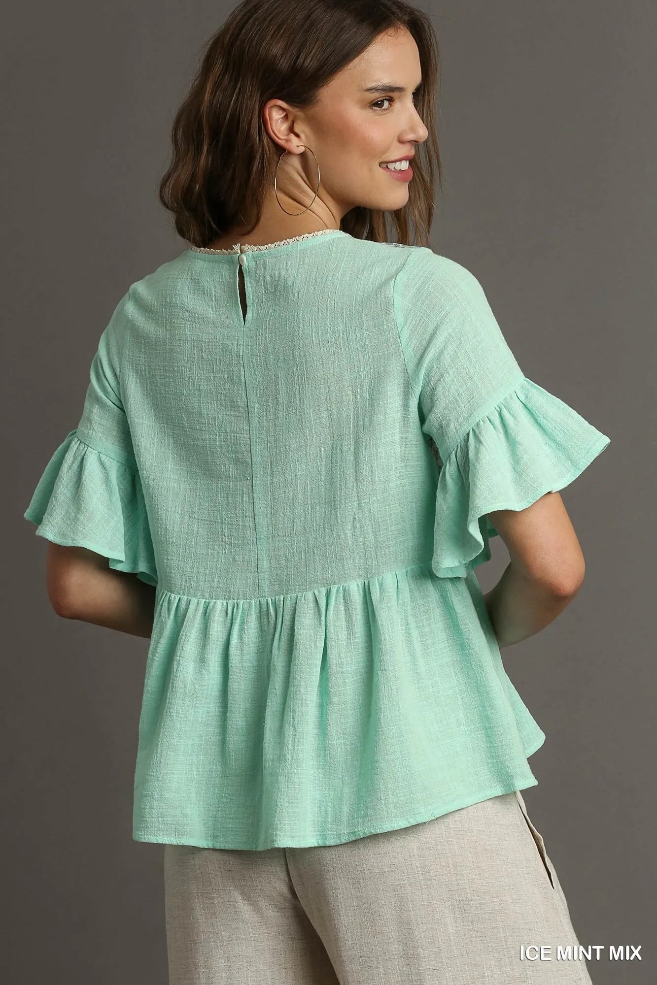 Floral Lace Trimmed Detail Half Sleeve Babydoll Top