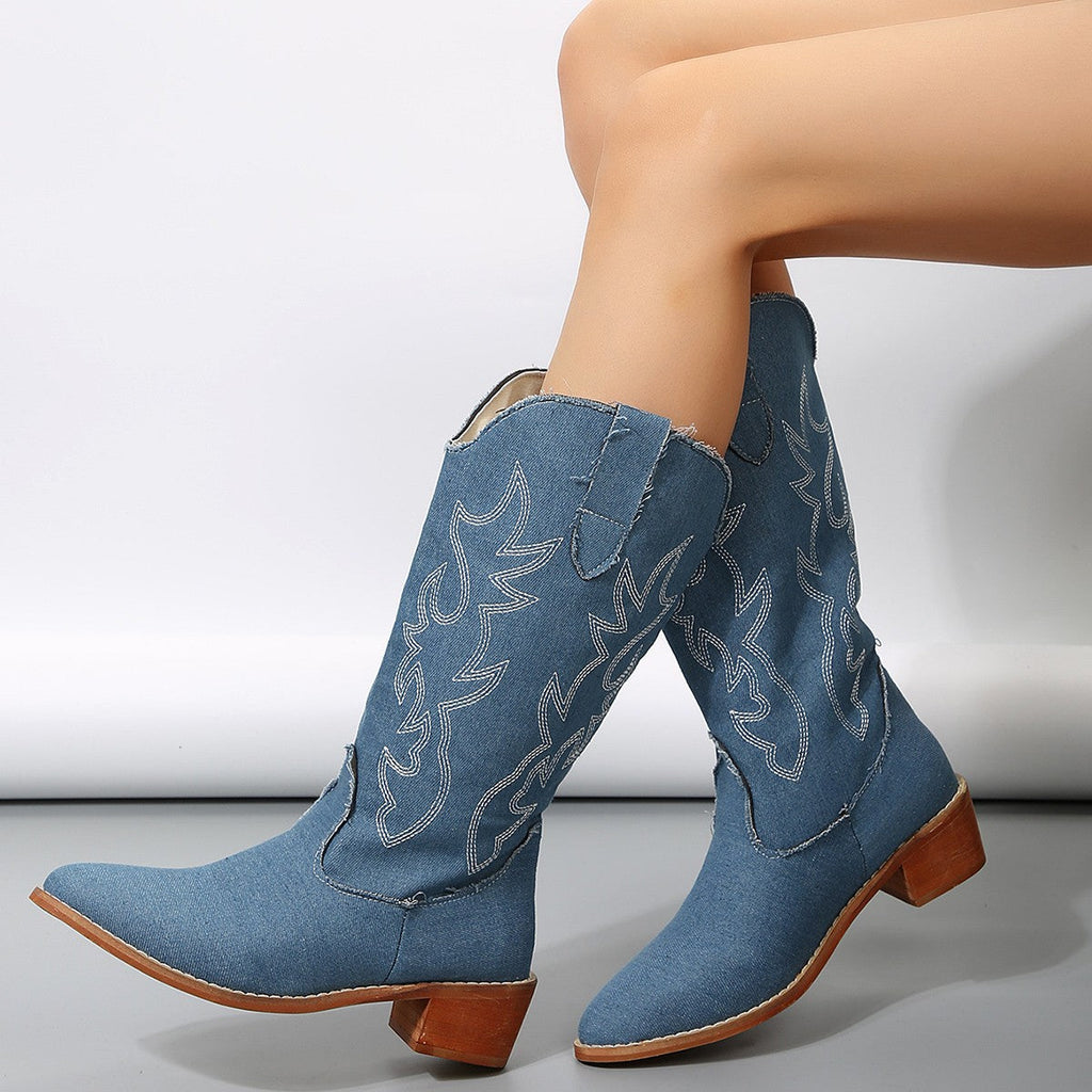 Women's Plus-Size Mid-Calf Western Boots – Blue Denim Embroidery Square Heel