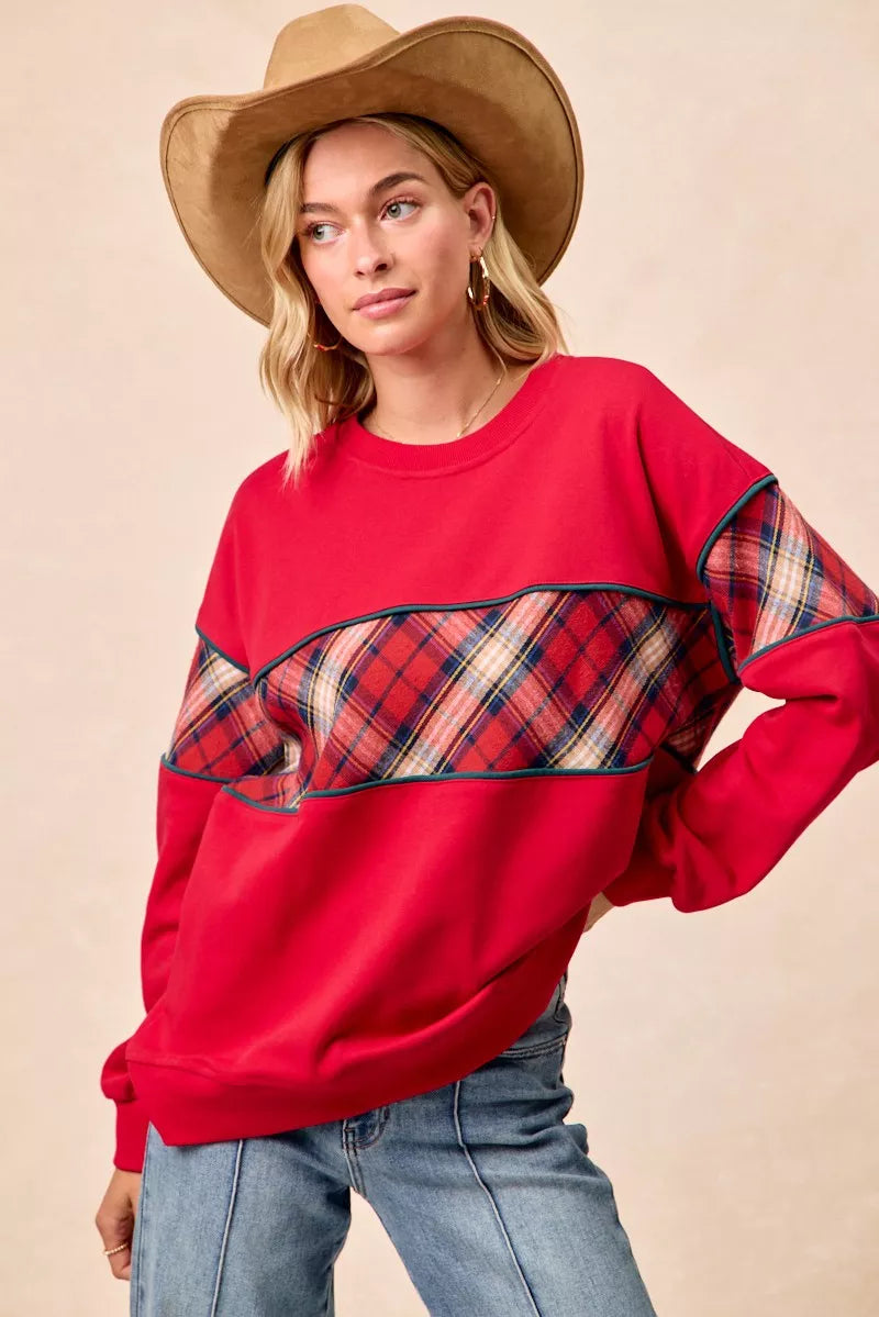 I am a Fashion Junky Christmas Theme Plaid Block Sweatshirt with Binding