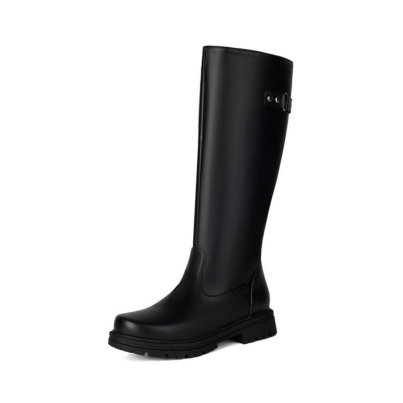 Women's Retro British-Style Chunky Heel Riding Boots | Belt Buckle Side Zipper | Black Brown