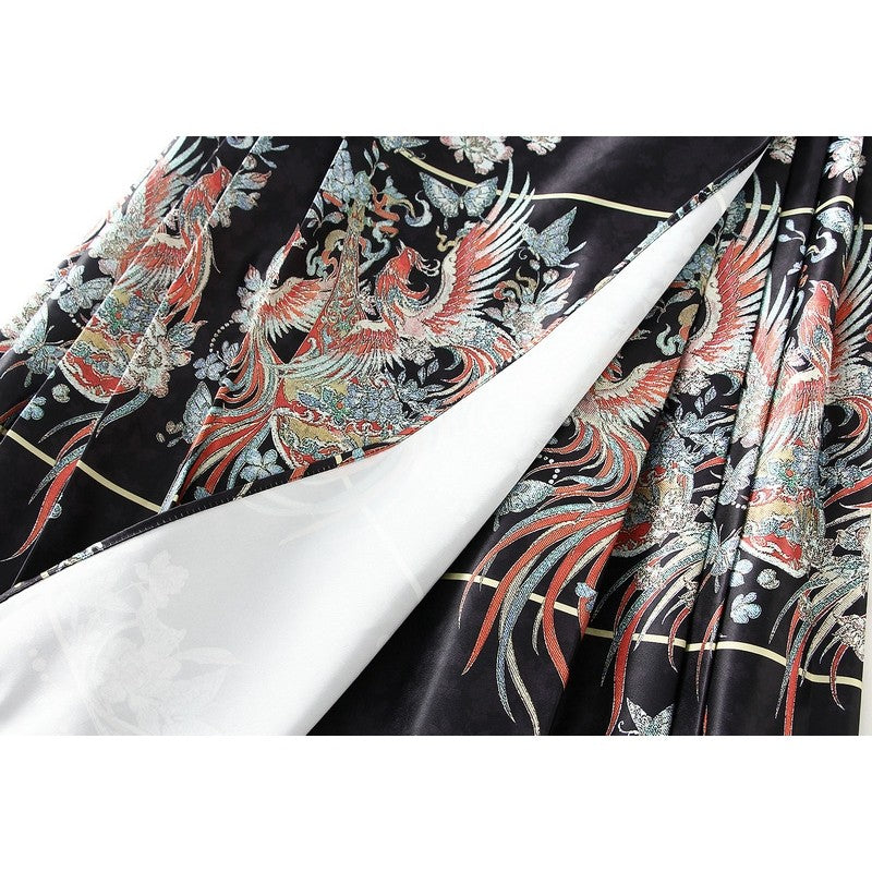 Phoenix Print Pleated Skirt with Chinese Style Waist Tie
