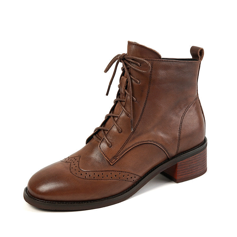 Women's Retro Leather Ankle Boots – Chunky Heel, Side Zipper & Lace-Up | Cowhide Upper