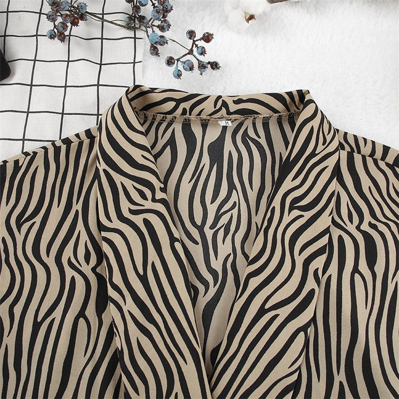 Leopard Print Long Sleeve Waist-Tie Night Robe Lounge Wear