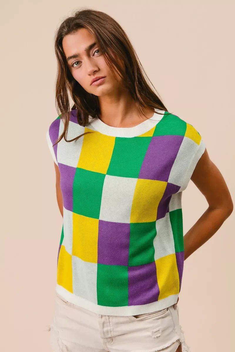 Mardi Gras Checker Pattern Sleeveless Sweater Top