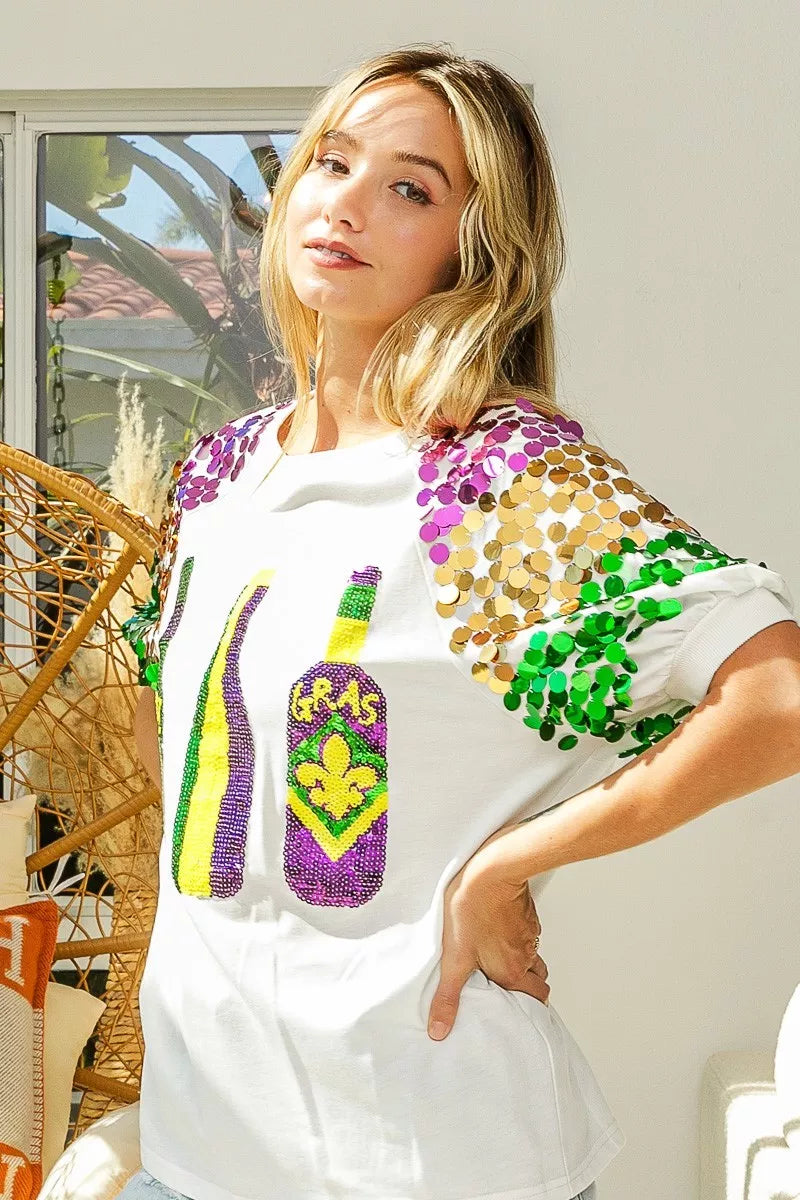 Sequin Mardi Gras Bottles Spangled Sleeve Top