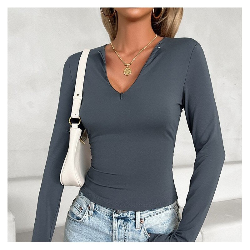 Casual V-Neck Slim Fit Long Sleeve Top - Solid Color