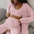 Knitted Bralette and Tie-Waist Cardigan with Long Sleeves and Coordinating Pants Set