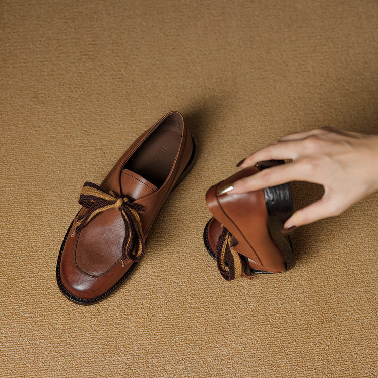 Women's Leather Bow Pumps | Retro Round Toe Chunky Low Heel Loafer Shoes