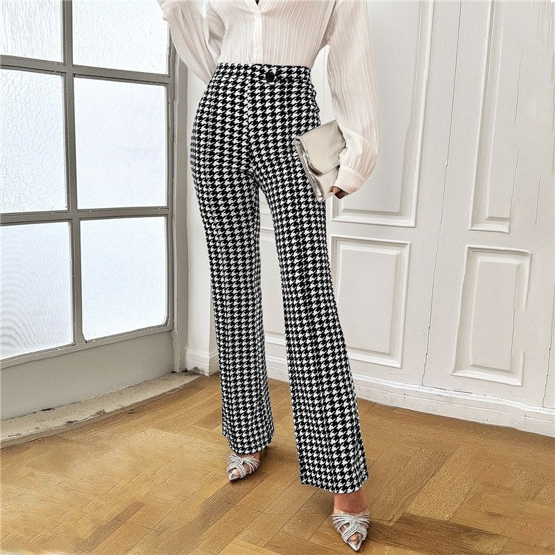 Houndstooth Pattern High-Waisted Bell Bottom Trousers