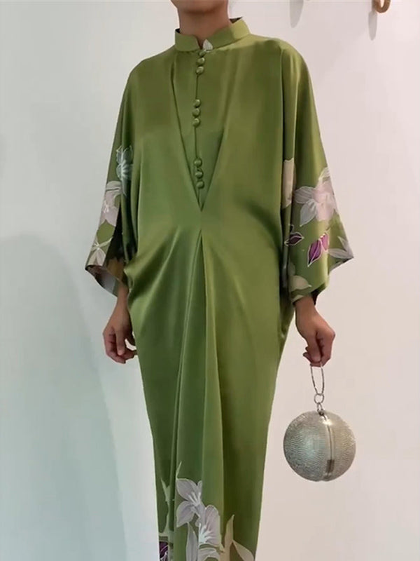Flowy Batwing Sleeve Maxi Dress with Stand Collar, Floral Print and Colorblock Detail