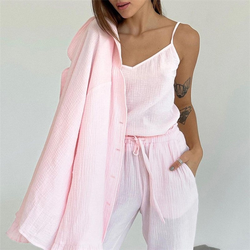 Solid Color Three-Piece Lounge Set: Spaghetti Strap Tank Top, Long Sleeve Lapel Blouse, and Pants