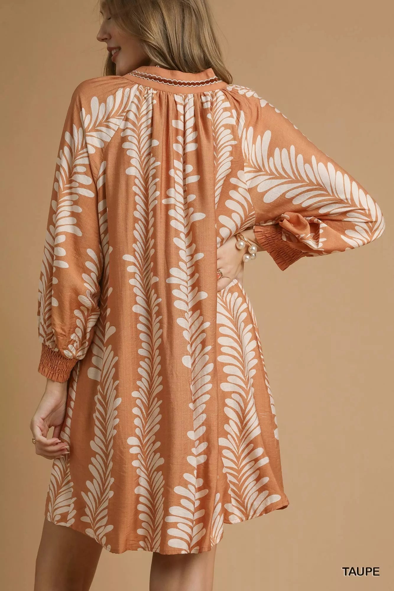 Leaf Print Notched Mini Babydoll Dress