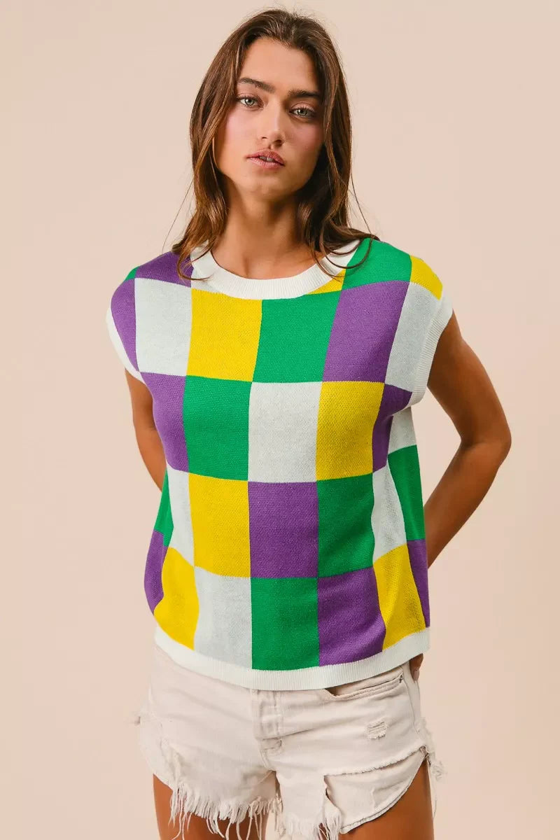 Mardi Gras Checker Pattern Sleeveless Sweater Top