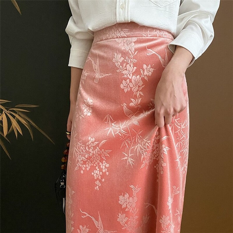 Velvet Half Skirt with Floral and Bird Embroidery
