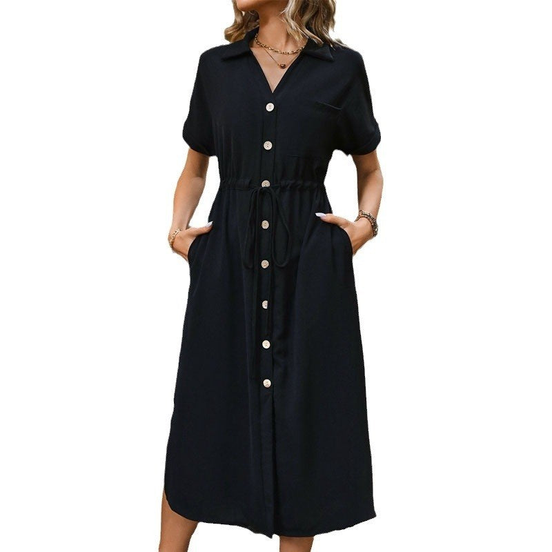 Casual Black V-Neck Shirt Dress