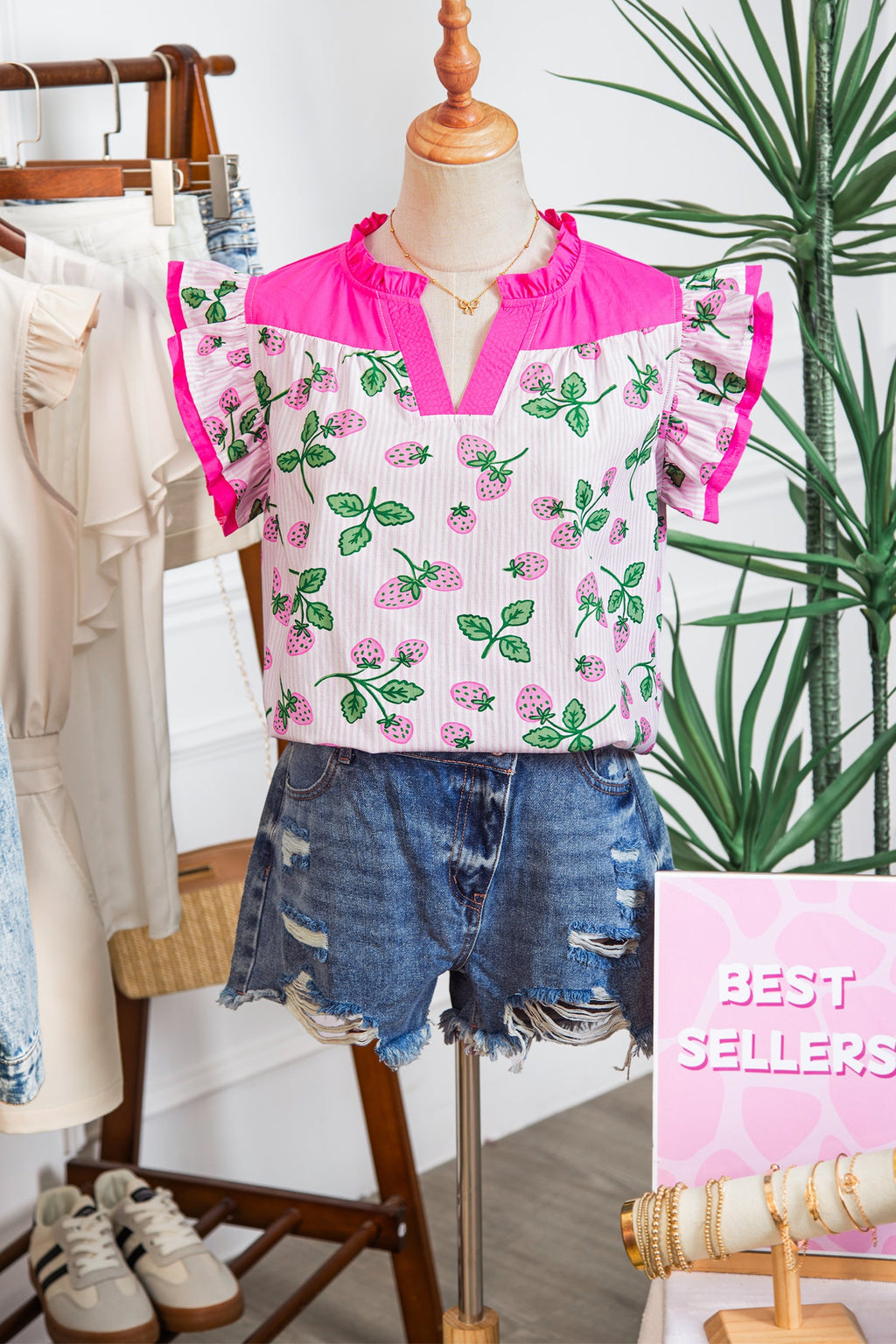 Pink Striped Strawberry Printed Color Block Patchwork V Neck Flutter Sleeve Blouse