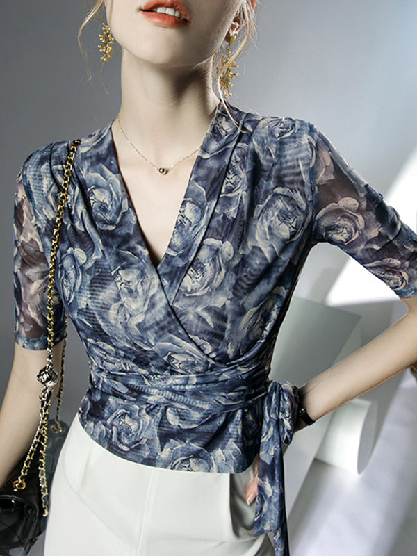 Half Sleeves Plus Size Flower Print Mesh Tied V-Neck Blouses&Shirts Tops