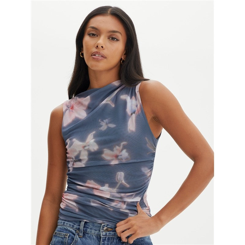 Printing Sleevelss Pleated Slim Tank Top